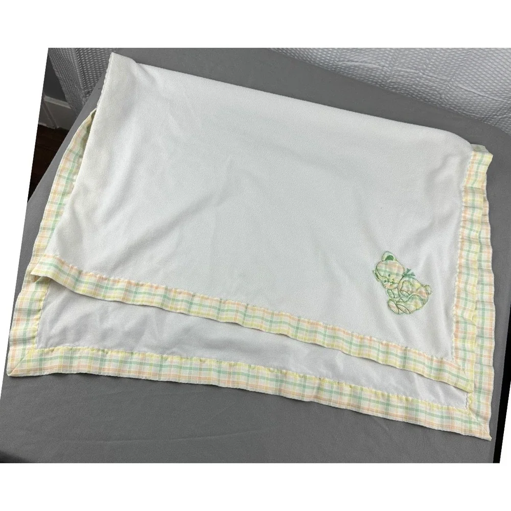 Baby Blanket White‎ Teddy Bear Plaid Trim Soft Cozy Toddler Infant Crib 37x27